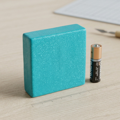 A 3/4 view of the 57g Fimo Effect Galaxy Turquoise clay block shown next to an AA battery on a light-colored wooden desk for scale comparison.