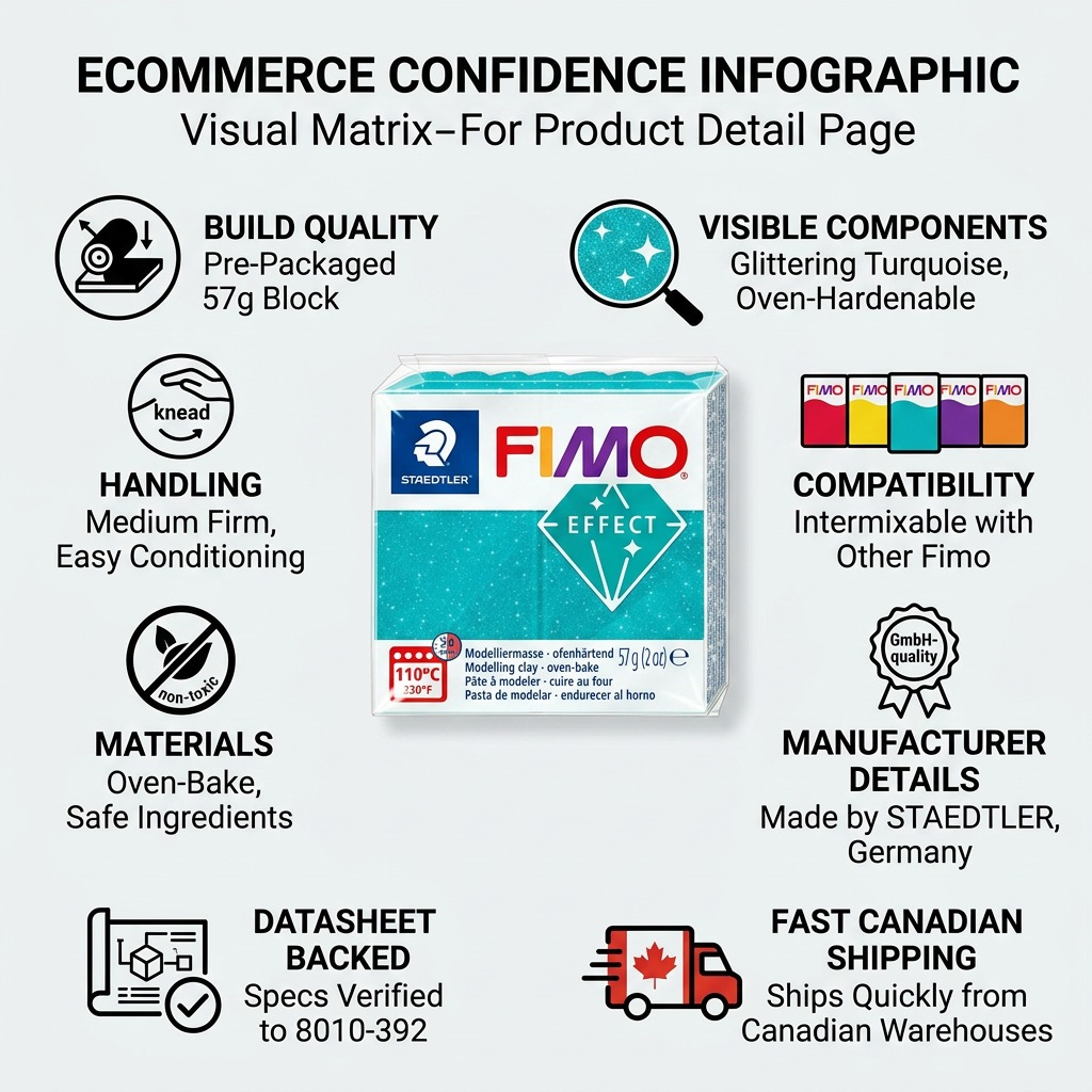 Confidence-building infographic showing STAEDTLER Fimo Effect Galaxy Turquoise clay, detailing quality, compatibility, and fast Canadian shipping.