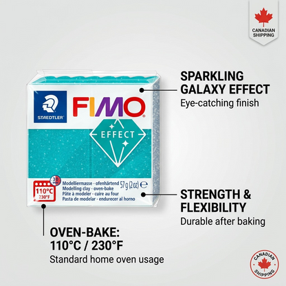 Operational features infographic for STAEDTLER FIMO Effect, highlighting sparkling galaxy texture and convenient oven-baking specs.