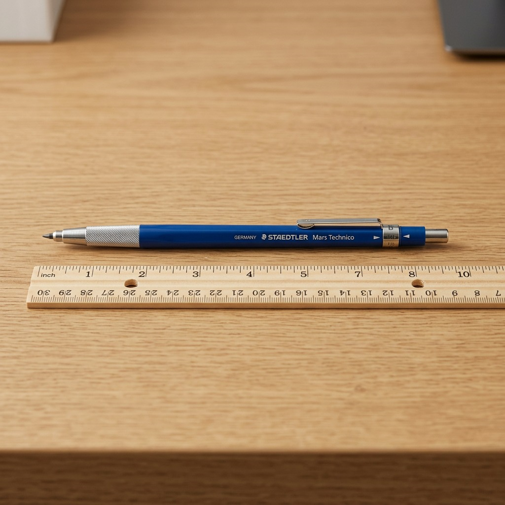 A photo-realistic scale reference image showing the STAEDTLER Mars Techcnico 780 mechanical pencil lying alongside a standard wooden 12-inch office ruler on a desk surface.