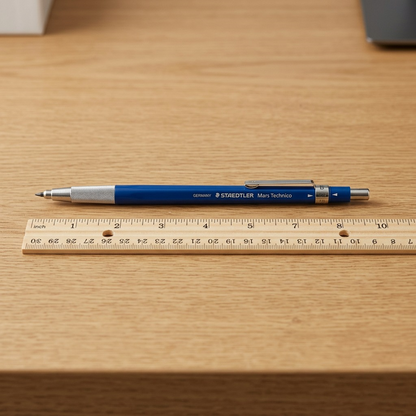 A photo-realistic scale reference image showing the STAEDTLER Mars Techcnico 780 mechanical pencil lying alongside a standard wooden 12-inch office ruler on a desk surface.