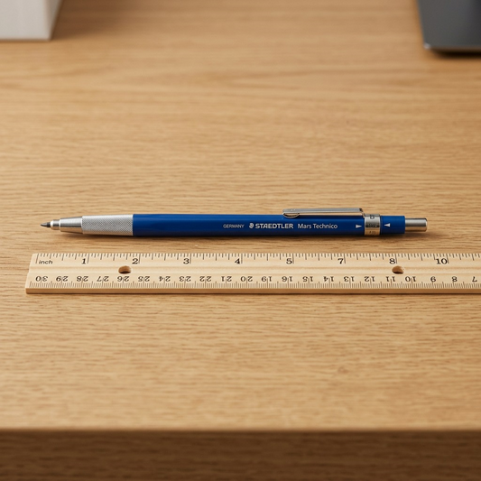 A photo-realistic scale reference image showing the STAEDTLER Mars Techcnico 780 mechanical pencil lying alongside a standard wooden 12-inch office ruler on a desk surface.
