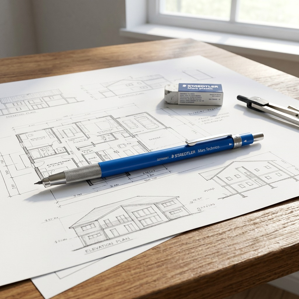 A close-up shot of the blue STAEDTLER Mars Technico mechanical pencil, exactly as in image_0.png, resting on a field of detailed graphite architectural drawings.<ctrl46>