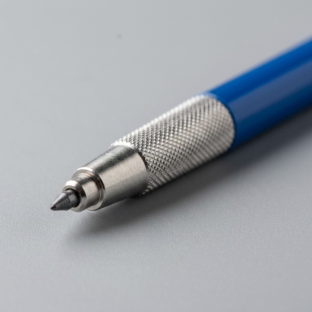 Macro photograph close-up highlighting the detailed metal knurling and clutch mechanism of the pencil.
