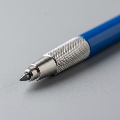 Macro photograph close-up highlighting the detailed metal knurling and clutch mechanism of the pencil.