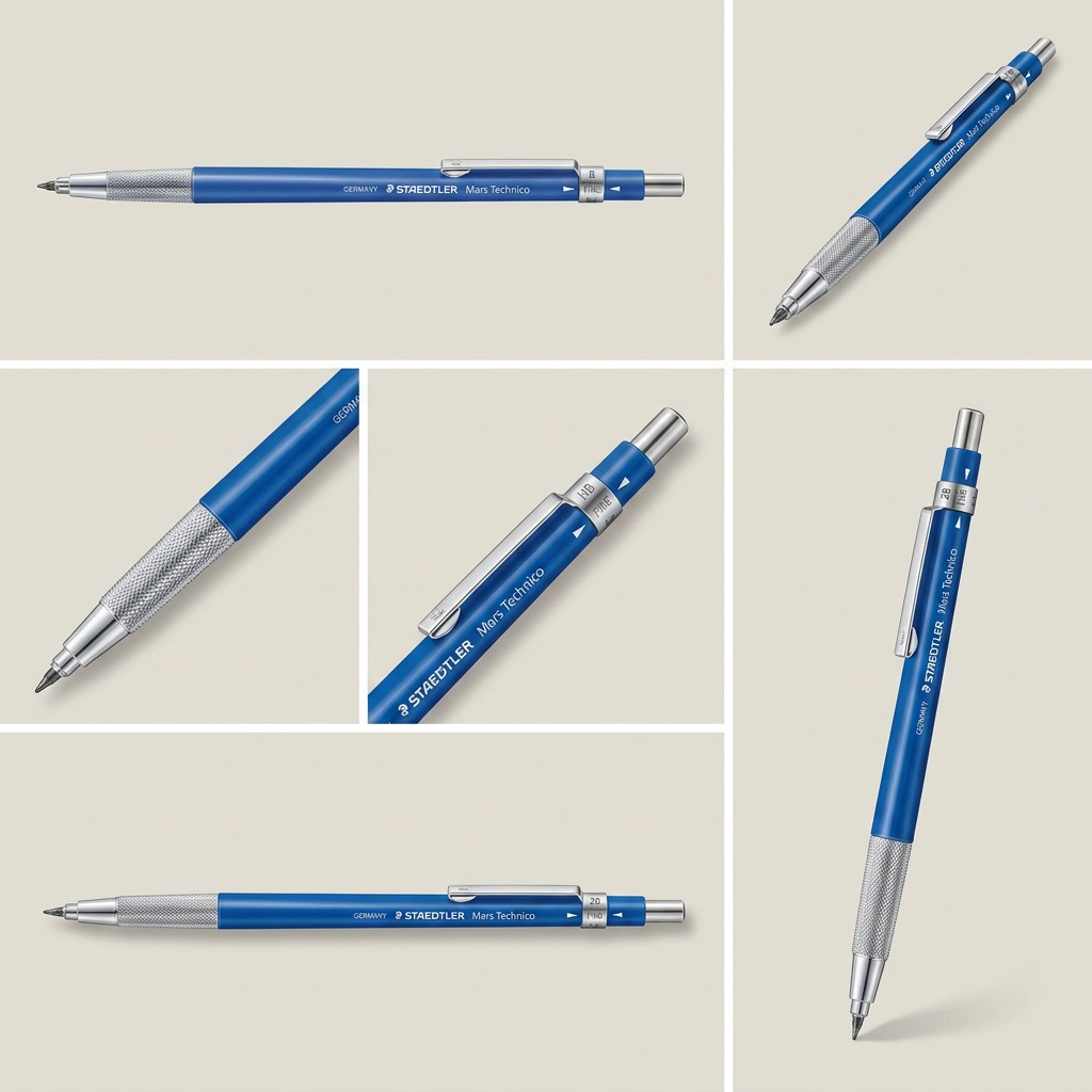 A visual matrix displaying the STAEDTLER Mars 780 mechanical pencil from five precise angles against a white grid background.