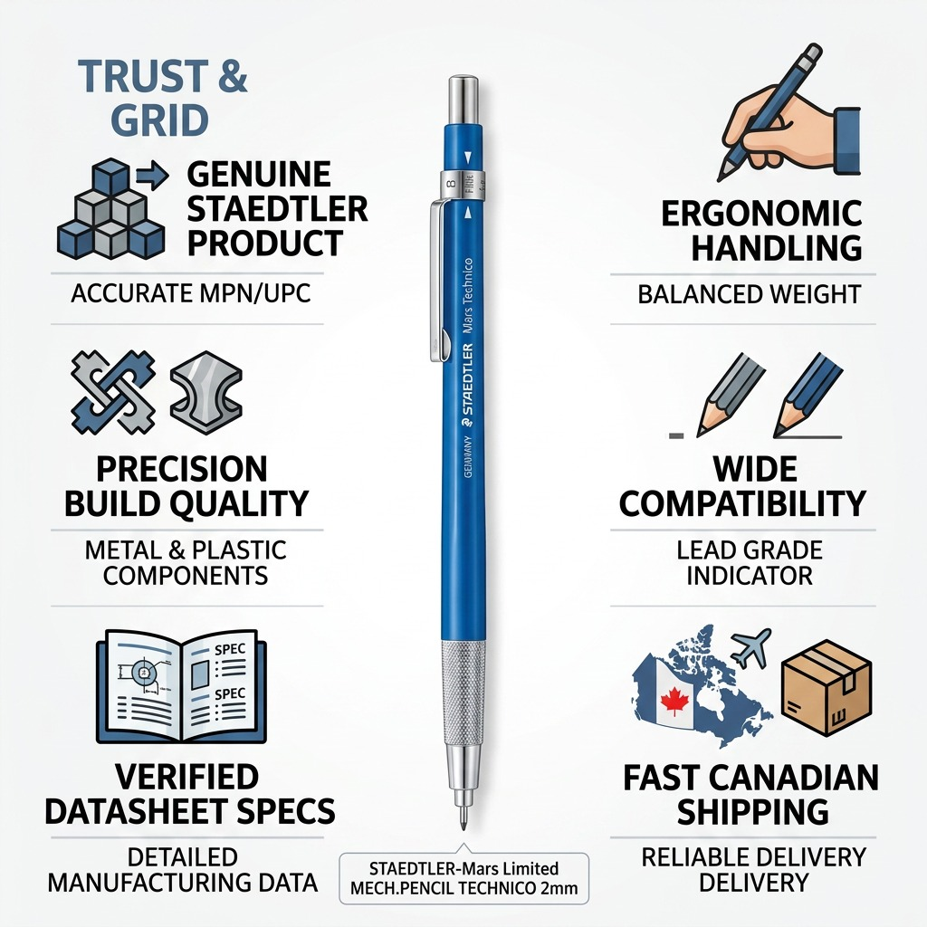 Infographic layout showing STAEDTLER pencil with six technical trust indicators or "grid" categories.