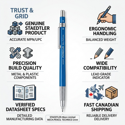 Infographic layout showing STAEDTLER pencil with six technical trust indicators or "grid" categories.