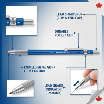 An ecommerce technical illustration highlighting the functional features of the STAEDTLER Mars Technico mechanical pencil, including the integrated lead sharpener and knurled metal grip.
