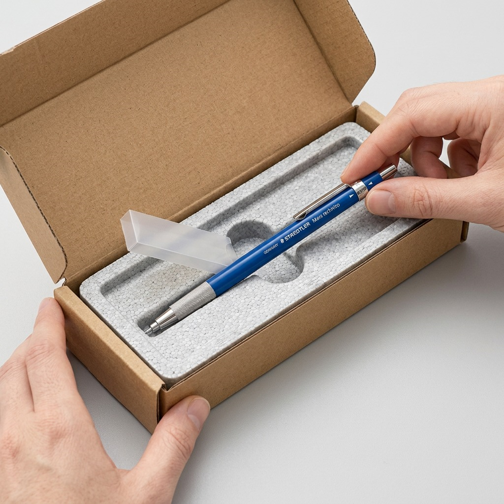 STAEDTLER Mars 780 pencil unboxing from protective foam and a secure shipping carton.