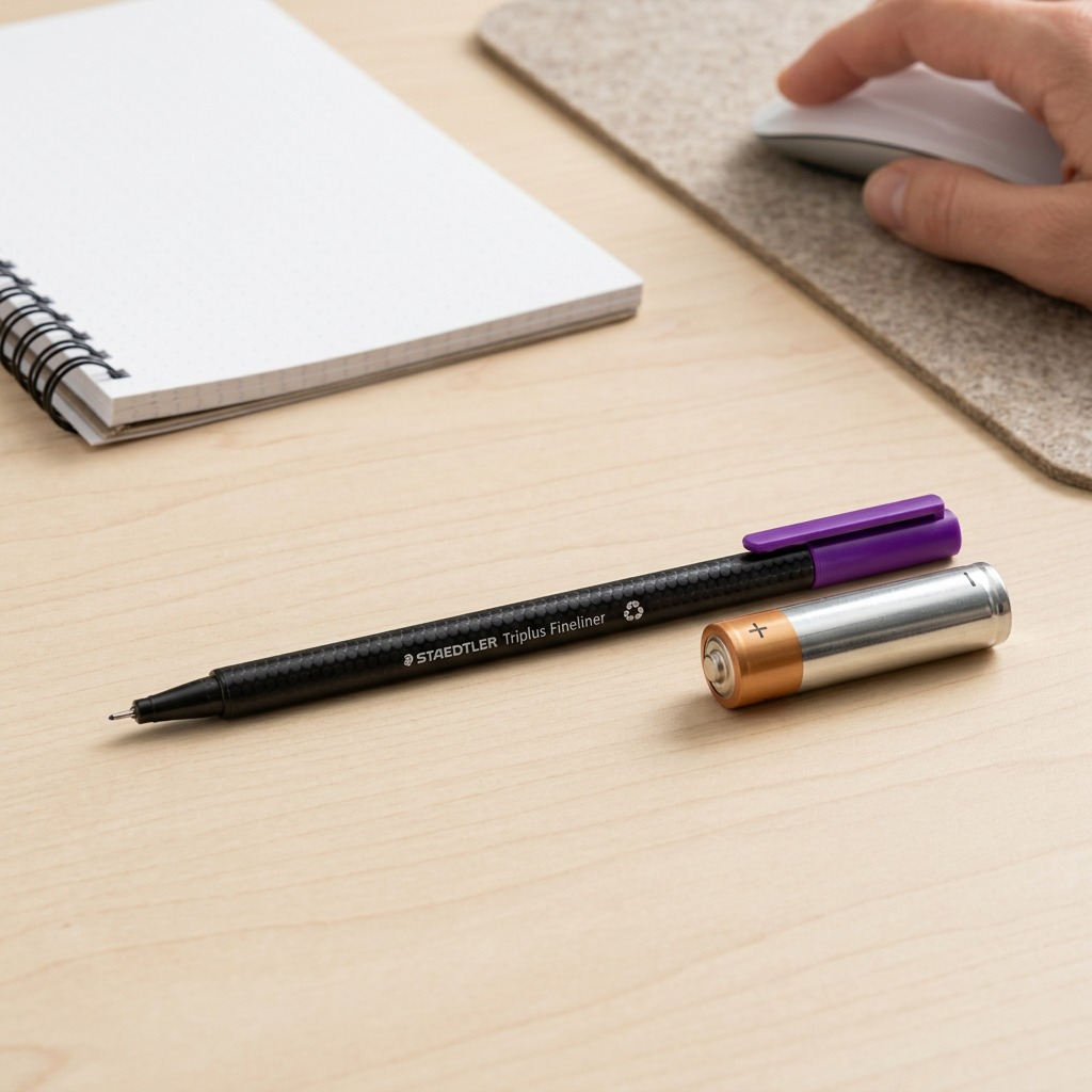 A photorealistic scene showing the Staedtler Fineliner Triplus pen next to a Standard AA battery and a small spiral notebook for scale reference.<ctrl46>