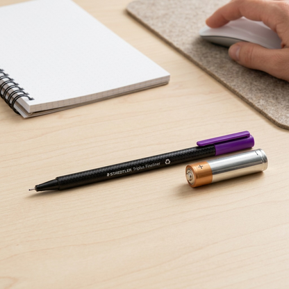 A photorealistic scene showing the Staedtler Fineliner Triplus pen next to a Standard AA battery and a small spiral notebook for scale reference.<ctrl46>