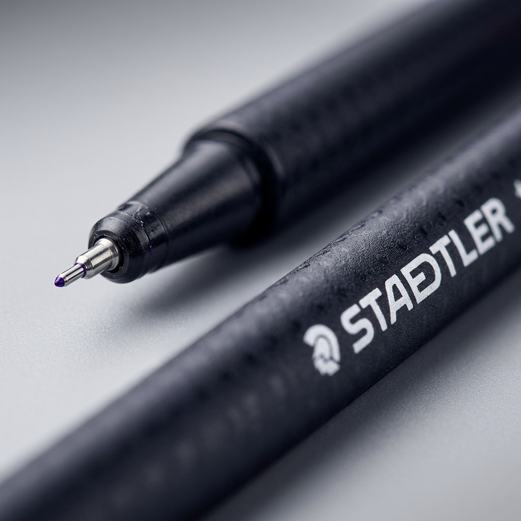 A macro photo of a black STAEDTLER triplus fineliner, showing the 0.3mm metal tip and branded barrel.