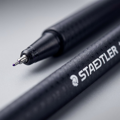 A macro photo of a black STAEDTLER triplus fineliner, showing the 0.3mm metal tip and branded barrel.