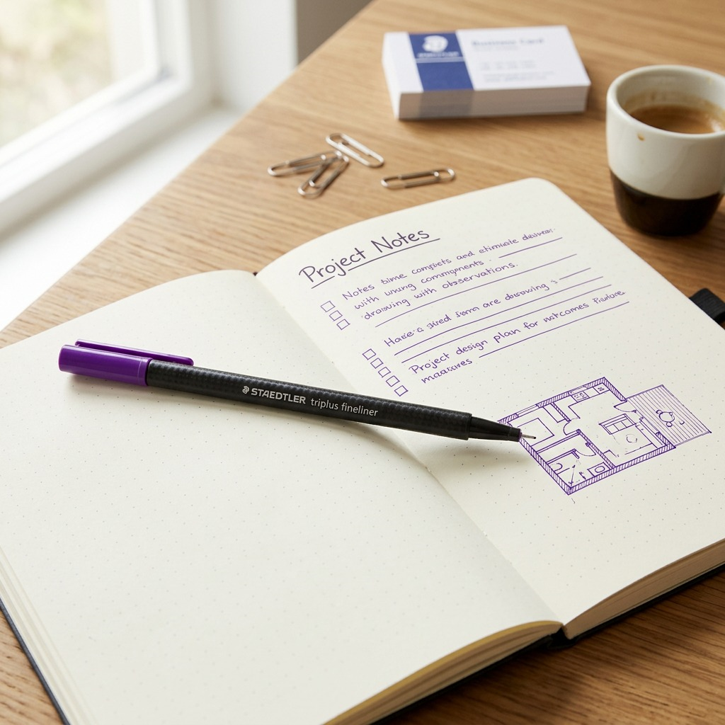 A top-down view of a dark grey STAEDTLER triplus Fineliner 0.3mm with its violet cap rests alongside an open dotted journal.