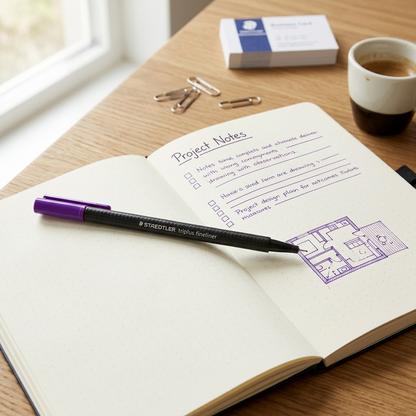A top-down view of a dark grey STAEDTLER triplus Fineliner 0.3mm with its violet cap rests alongside an open dotted journal.