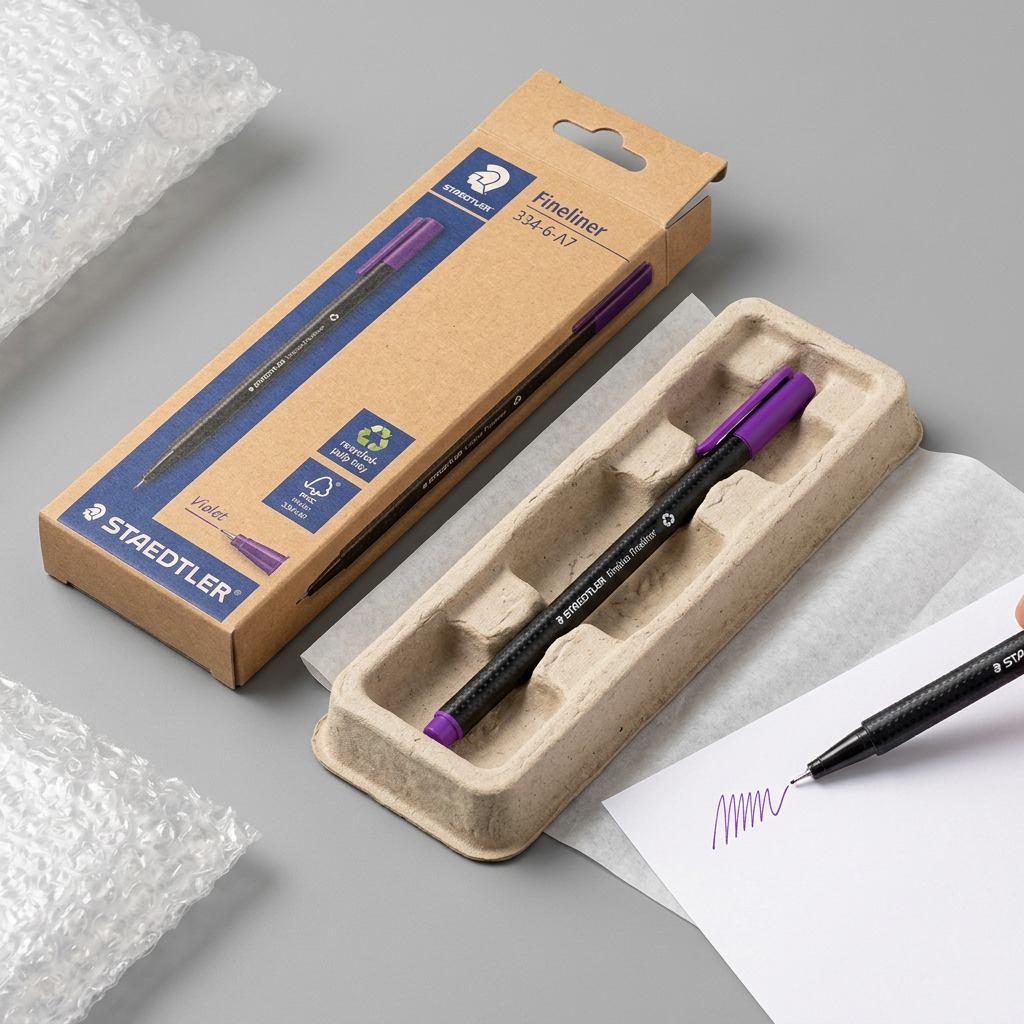 An official product box, a protective card sleeve, and the STAEDTLER Fineliner are neatly arranged, showcasing secure delivery packaging.