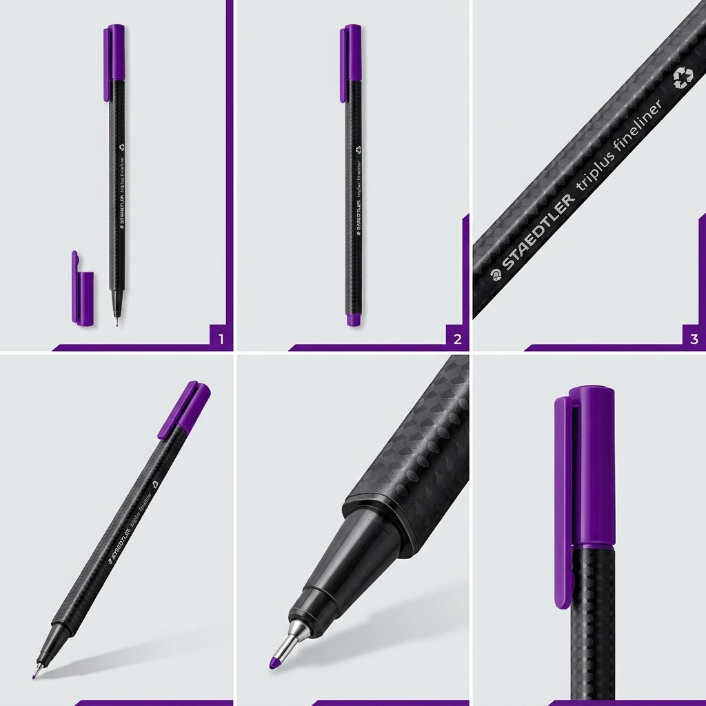 A six-panel comparison grid showcasing a Staedtler 0.3mm violet fineliner pen.