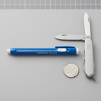 A scale reference image showing the the blue Staedtler Mars plastic eraser holder beside a Canadian quarter.