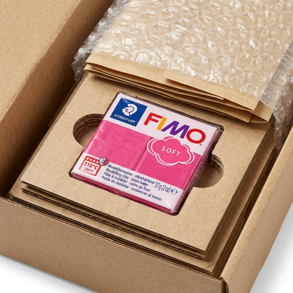 A macro photo shows FIMO Soft Raspberry packaging protected by layers of cardboard, ready for shipping.
