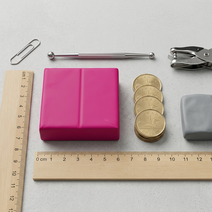 A matrix scale comparison showing a STAEDTLER Fimo Soft Raspberry clay block next to common office and crafting supplies.