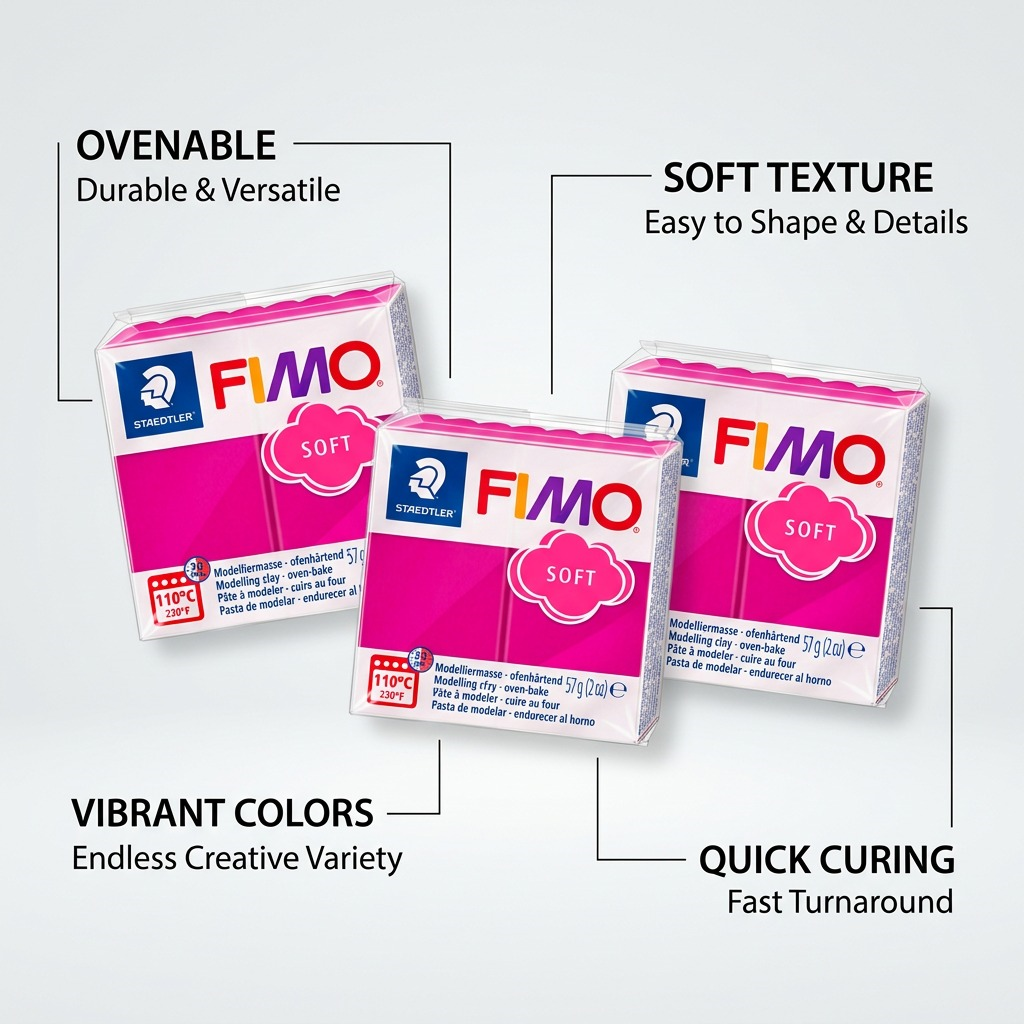 FIMO Soft Raspberry clay in clear wrap with clean callouts highlighting key product features like colors and bake time.