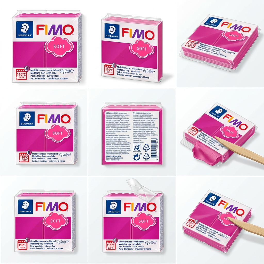 A premium ecommerce matrix image displaying four colored FIMO Soft modelling clay bricks side-by-side.