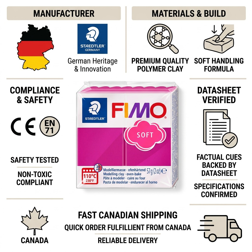 Trust infographic with Fimo Soft Raspberry clay, icons for German quality, safety standards, and fast Canadian shipping.