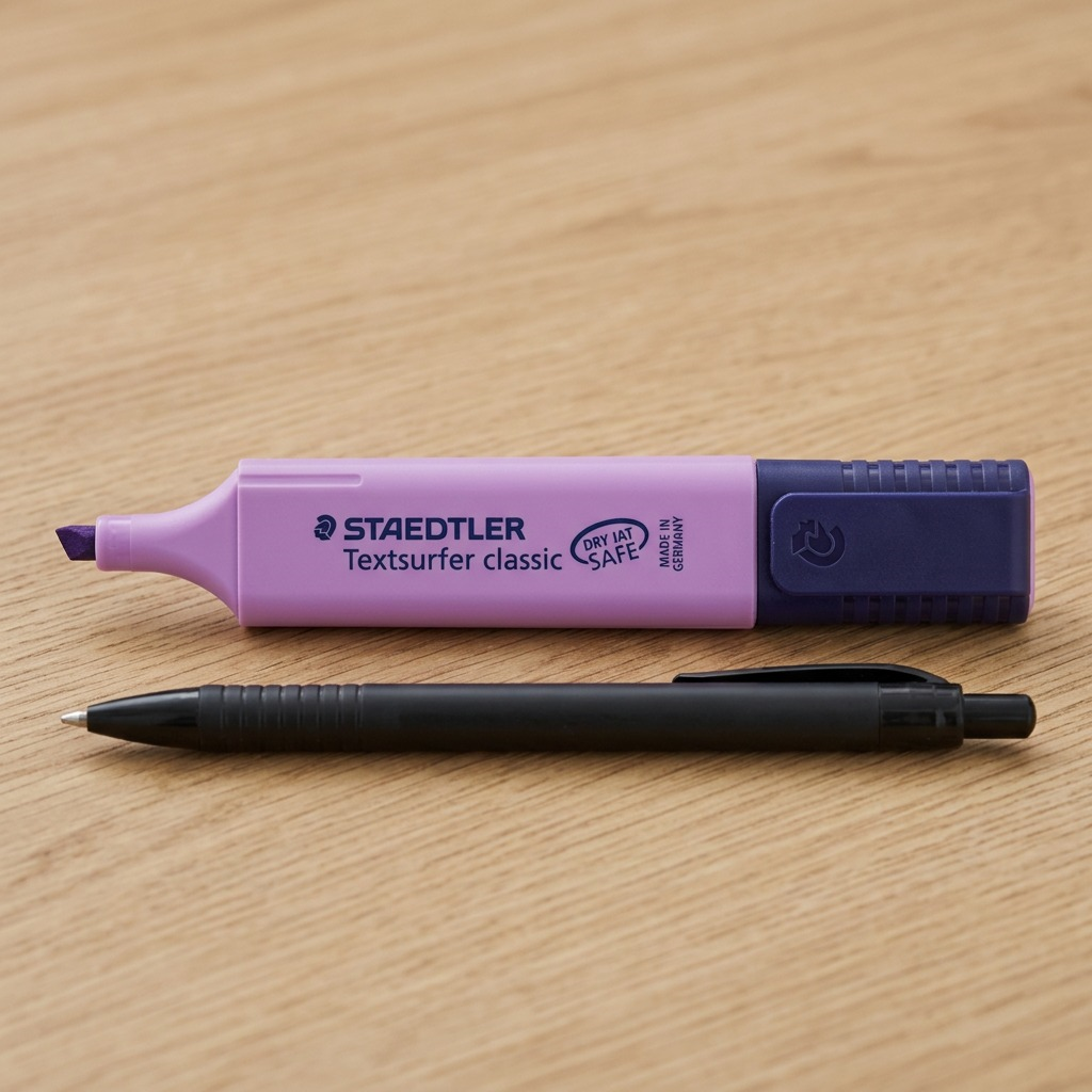 Scale reference photo: STAEDTLER Textsurfer (violet) beside a standard black ballpoint pen on a desk surface.