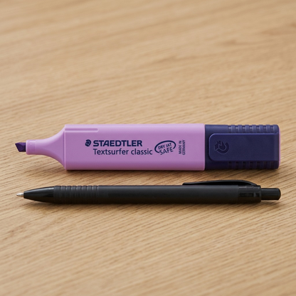 Scale reference photo: STAEDTLER Textsurfer (violet) beside a standard black ballpoint pen on a desk surface.