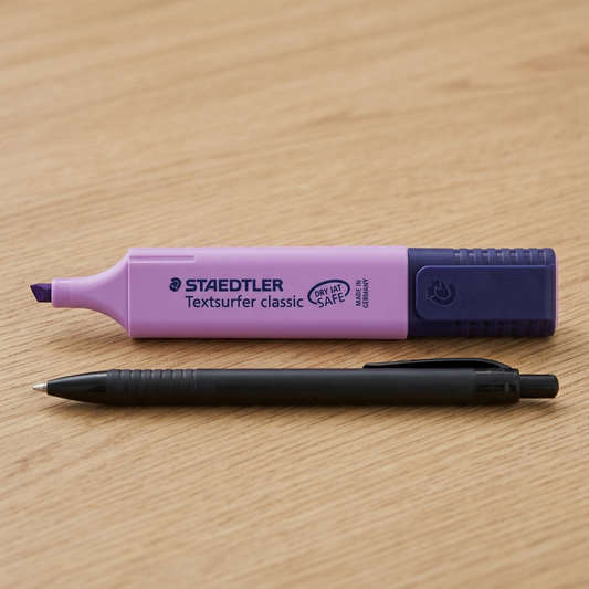 Scale reference photo: STAEDTLER Textsurfer (violet) beside a standard black ballpoint pen on a desk surface.