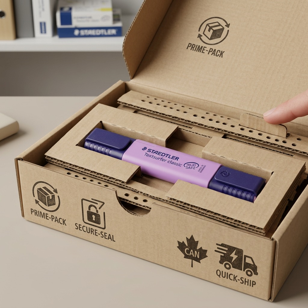 A photo of the STAEDTLER highlighter in protective cardboard packaging, showing safe transit placement.