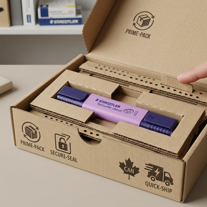 A photo of the STAEDTLER highlighter in protective cardboard packaging, showing safe transit placement.