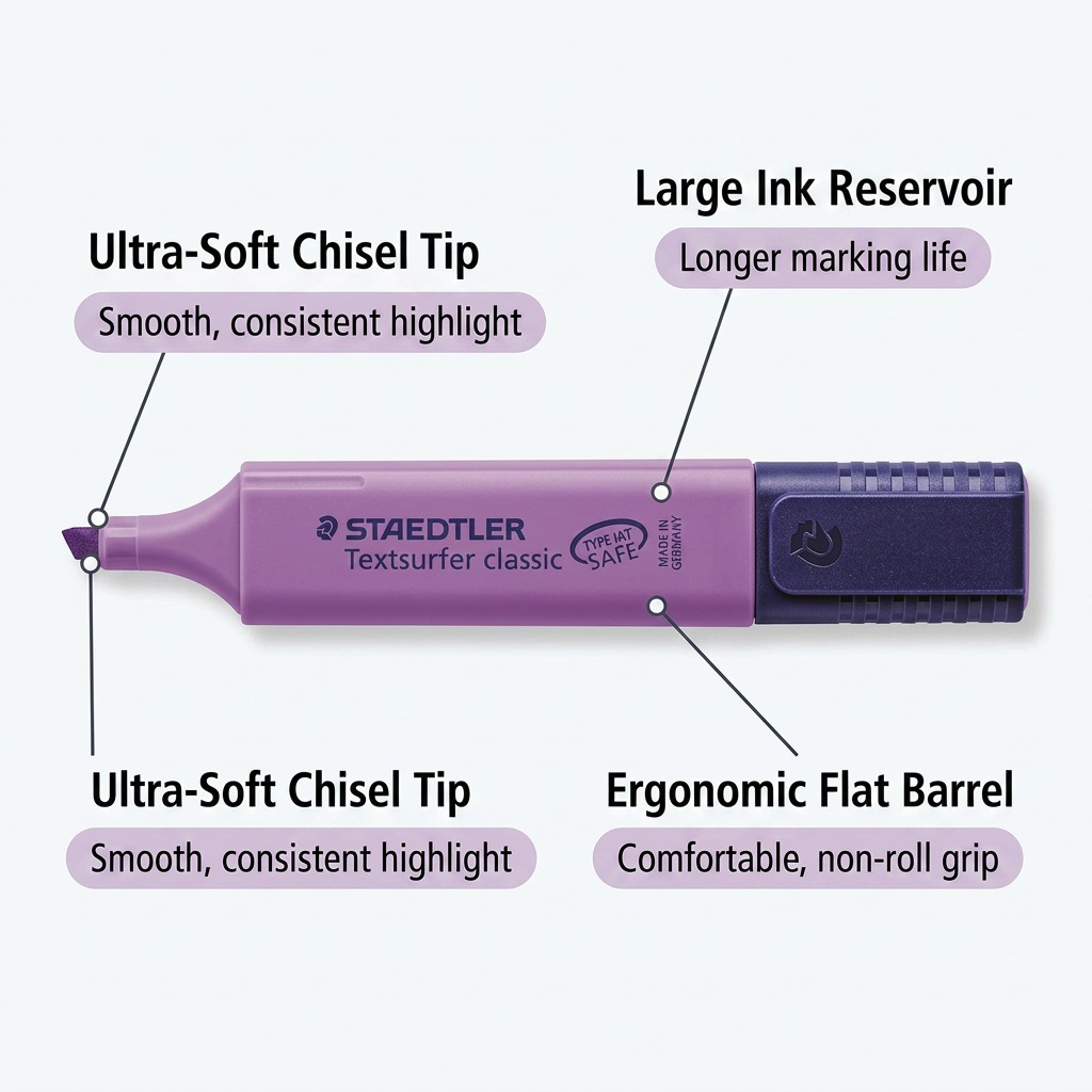 Feature matrix graphic highlighting key operations and benefits for the lavender STAEDTLER highlighter.