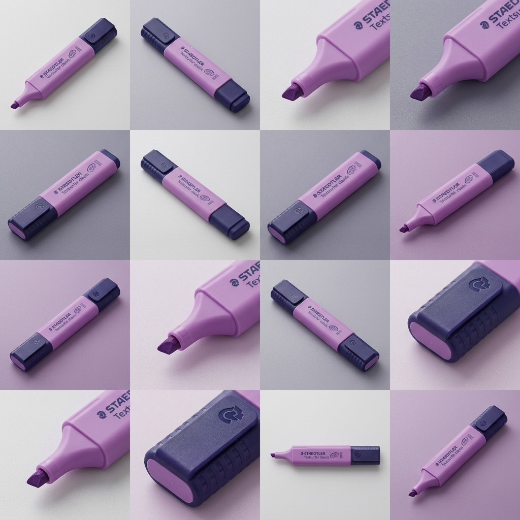 Twelve angles of the single STAEDTLER violet highlighter shown in a professional ecommerce matrix.