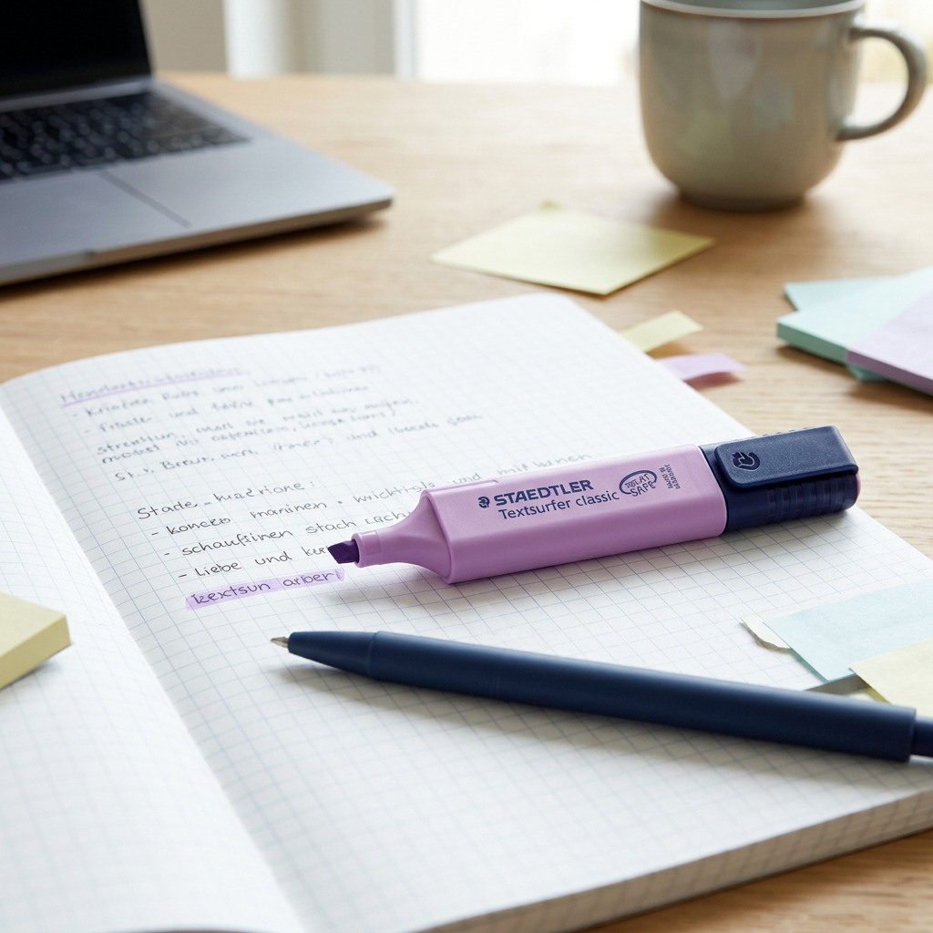 A lifestyle image showing the lavender STAEDTLER Textsurfer highlighter being used on a document.