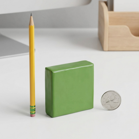 A scale matrix photo of 57g Fimo clay beside a standard pencil and quarter.