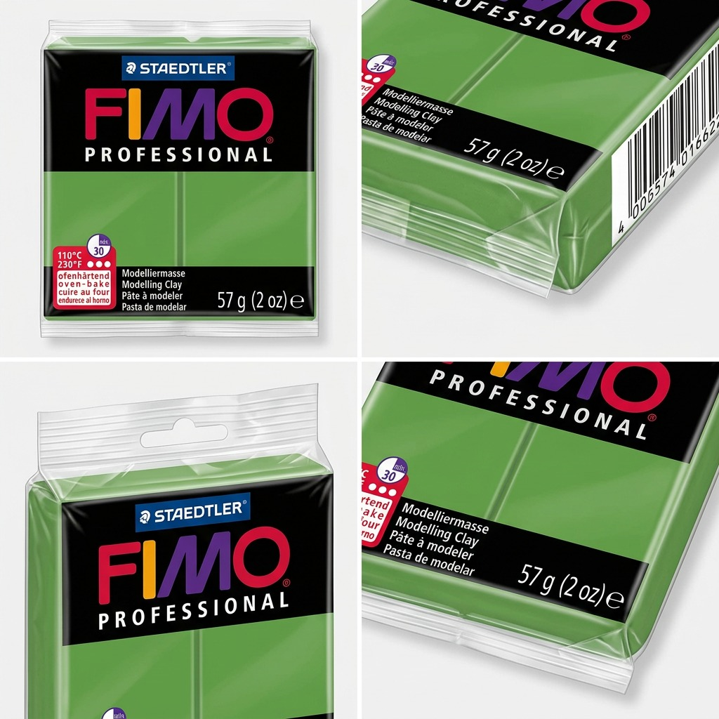 An e-commerce product matrix showing three angles of the packaged green Fimo Professional modeling clay and one image of an opened pack, from above.