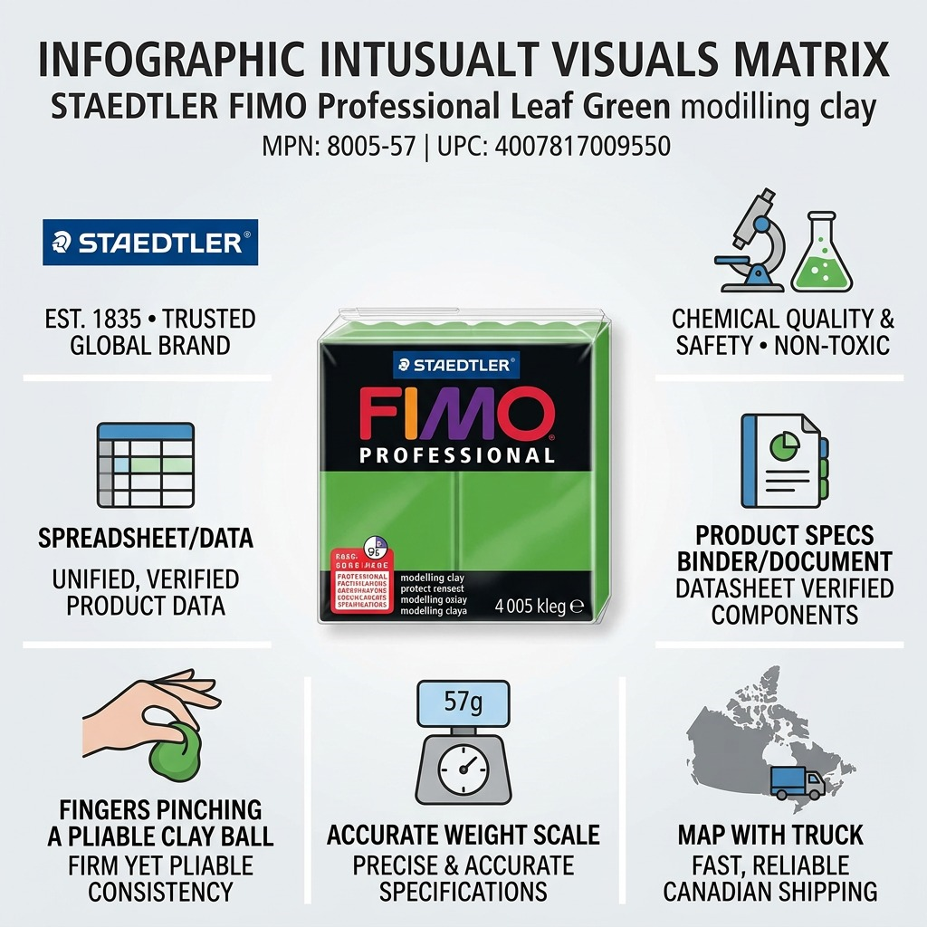Info graphic matrix for STAEDTLER FIMO modelling clay pack, centering verifiable product details and trust indicators.