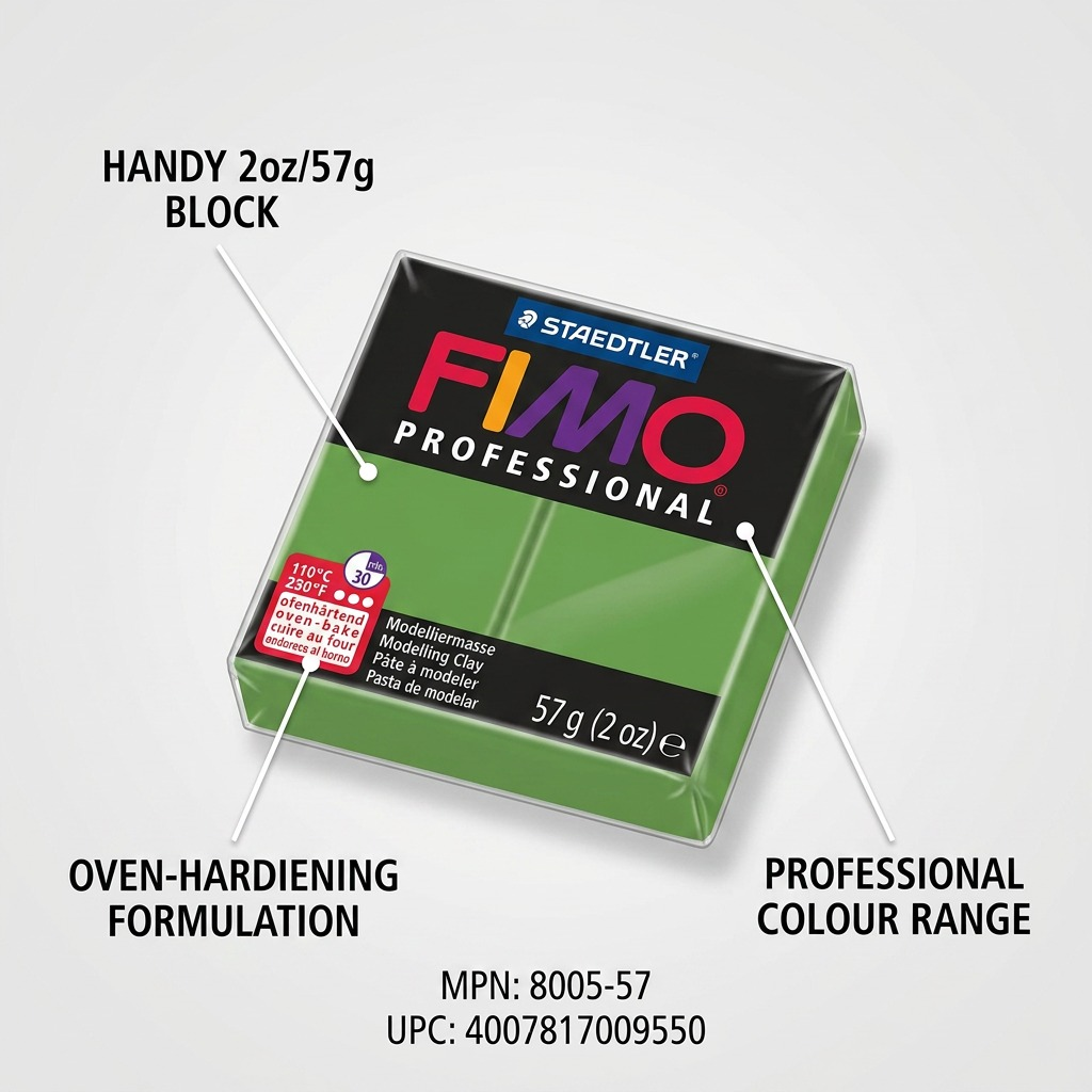 A detailed visual overlay of the STAEDTLER FIMO Professional block, highlighting its weight, oven-baking requirements, and formulation with short, factual feature callouts for customer clarity.