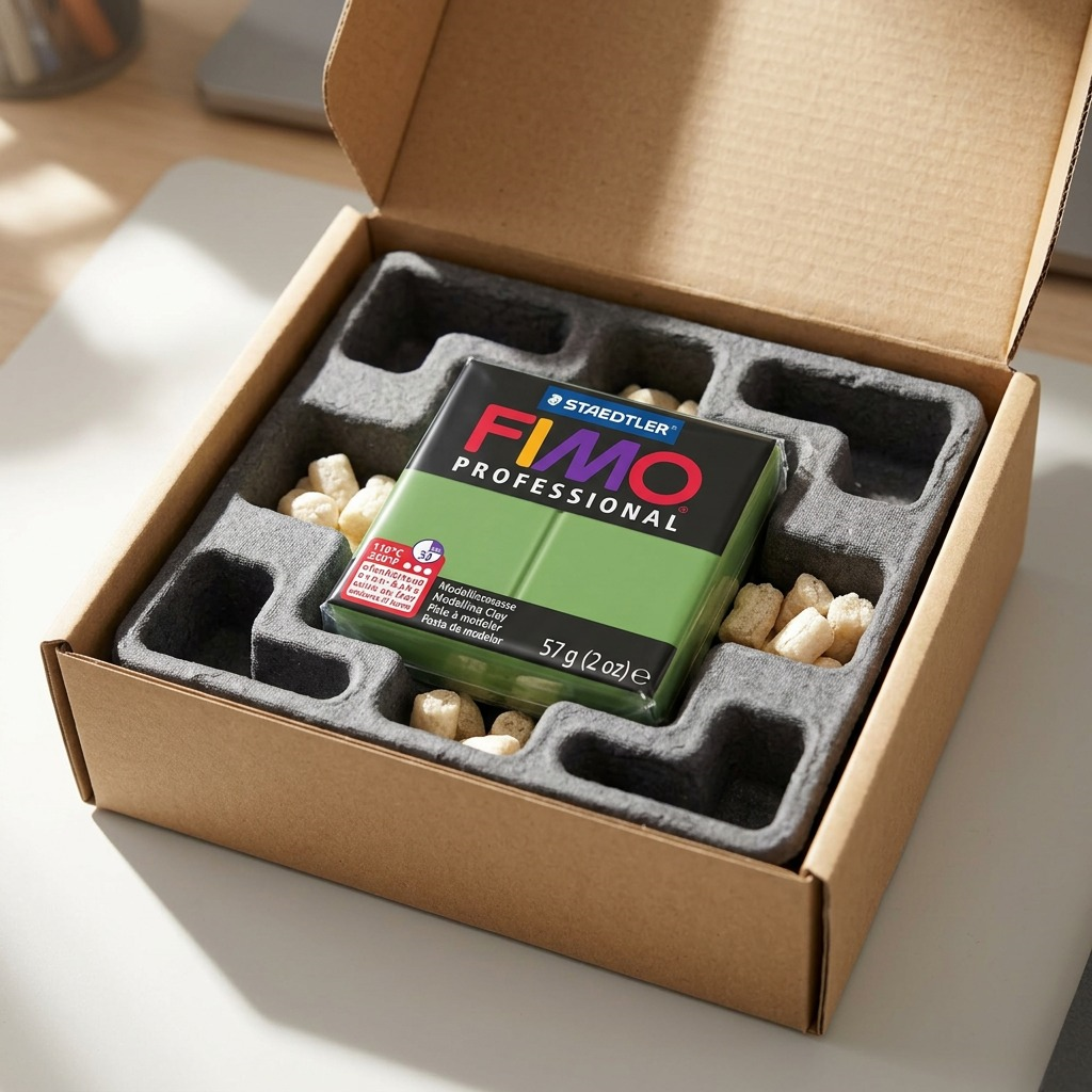 Premium, realistic top-down photo of the FIMO Professional Leaf Green block being nestled securely into protective padding within a shipping carton.