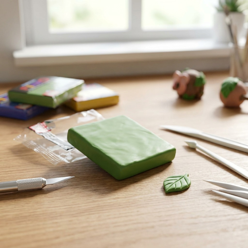 A Fimo Professional Leaf Green clay slab is shown in a crafting studio, alongside various sculpting tools and a small, half-finished leaf-like object.