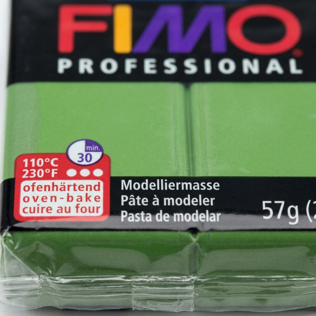 Macro shot focusing on the fine print detail and slight clay texture at the FIMO logo seam.