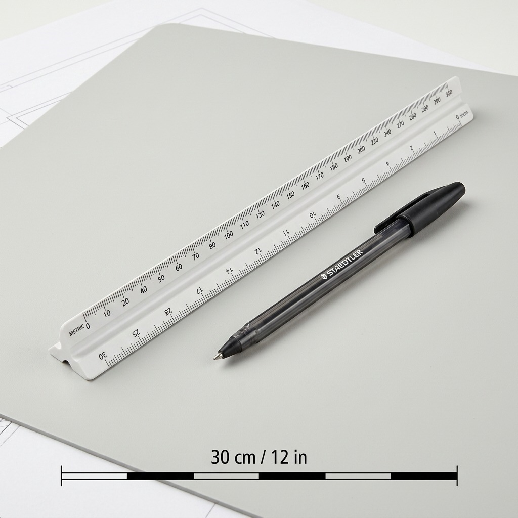 A scale reference image showing the STAEDTLER architectural triangular ruler beside a standard pen for size comparison.