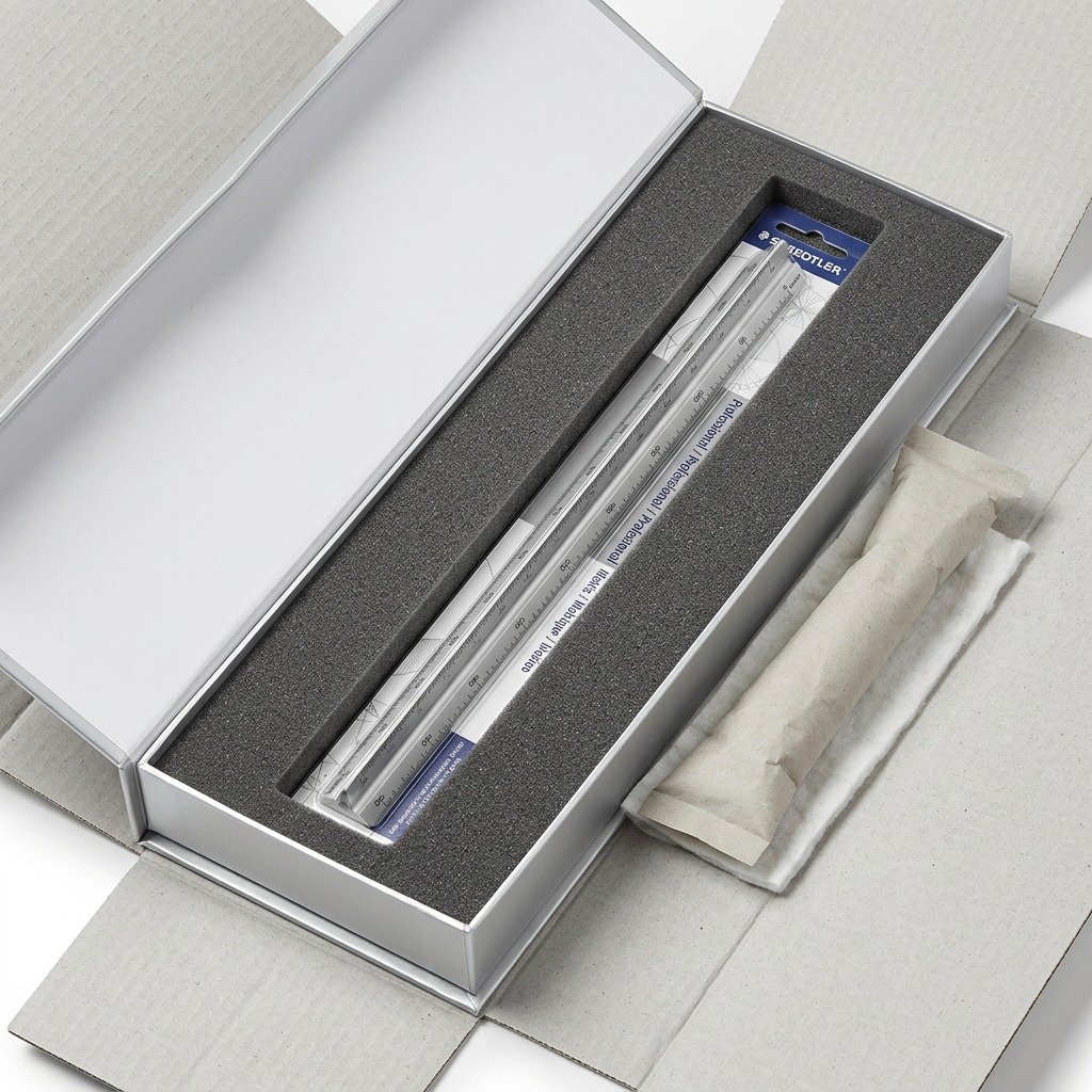 The STAEDTLER TRIANG.RULER lies securely held within custom die-cut foam padding inside an unbranded premium silver and white shipping box, demonstrating safe, damage-proof packaging. No additional logos are visible.