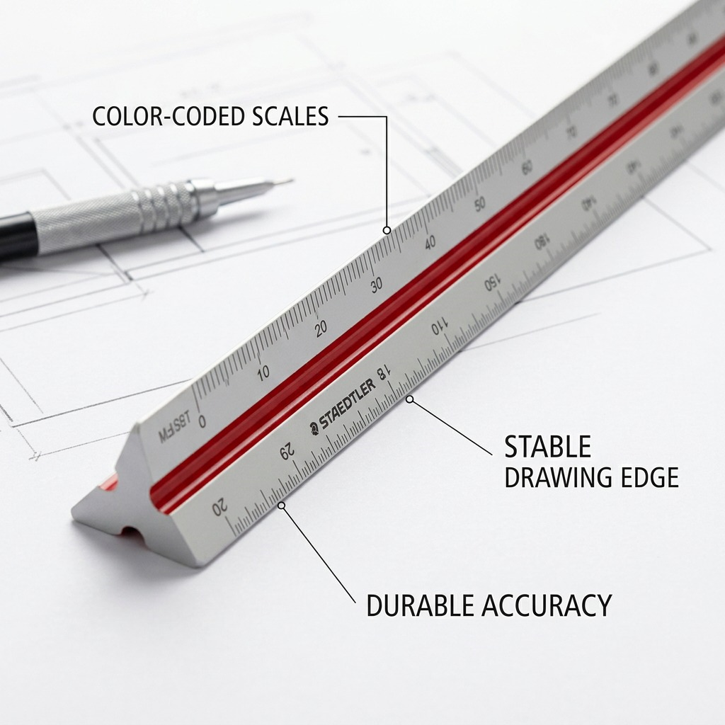 Close-up product photo showing a Staedtler 987-18-1BK triangular ruler with clear scale lines, on a drawing surface. Pointer lines call out "ARCHITECTURAL SCALES" and "PRECISE MEASUREMENT" for technical work.