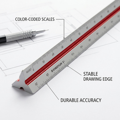 Close-up product photo showing a Staedtler 987-18-1BK triangular ruler with clear scale lines, on a drawing surface. Pointer lines call out "ARCHITECTURAL SCALES" and "PRECISE MEASUREMENT" for technical work.