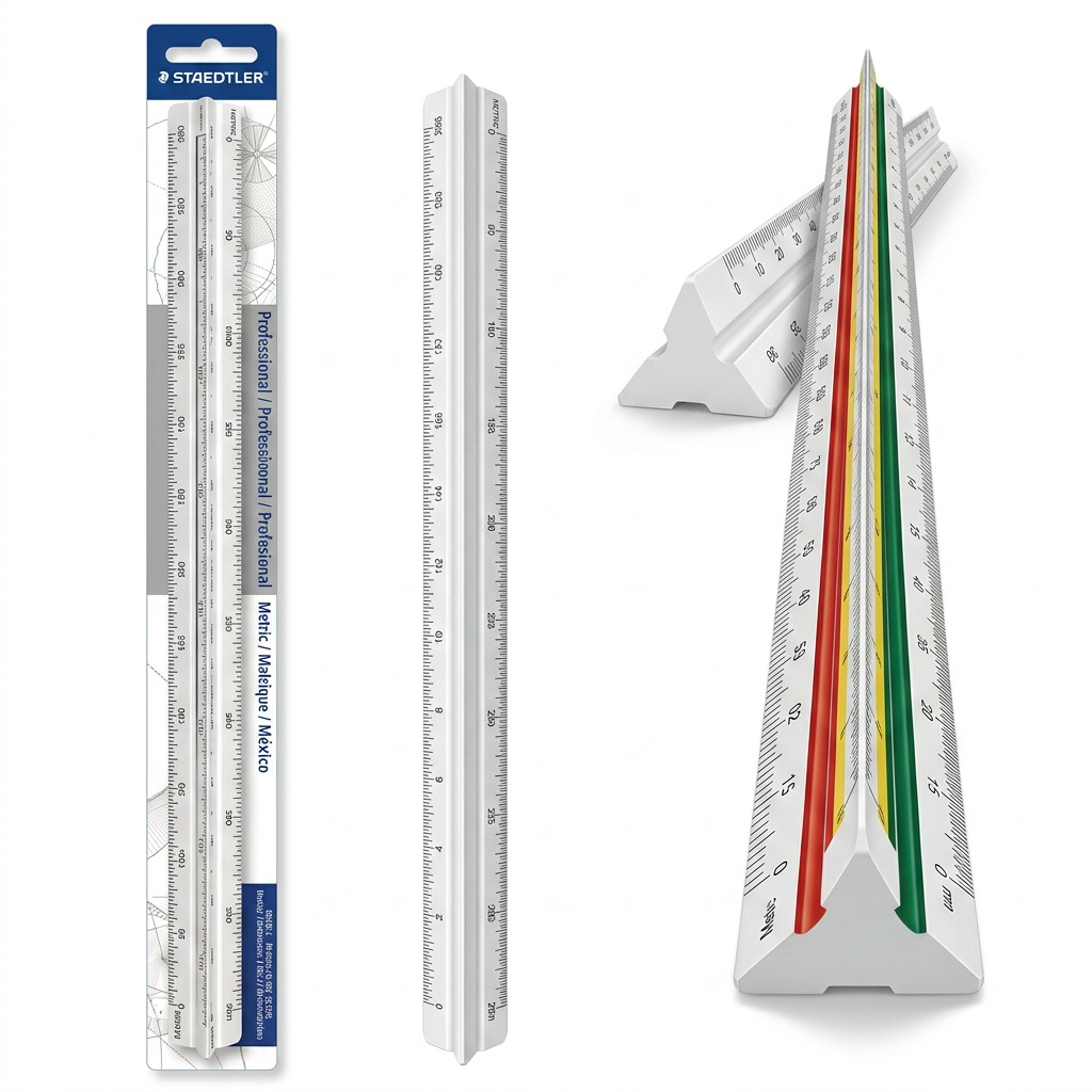 A grid displaying the STAEDTLER architectural triangle ruler and packaging from three different views.
