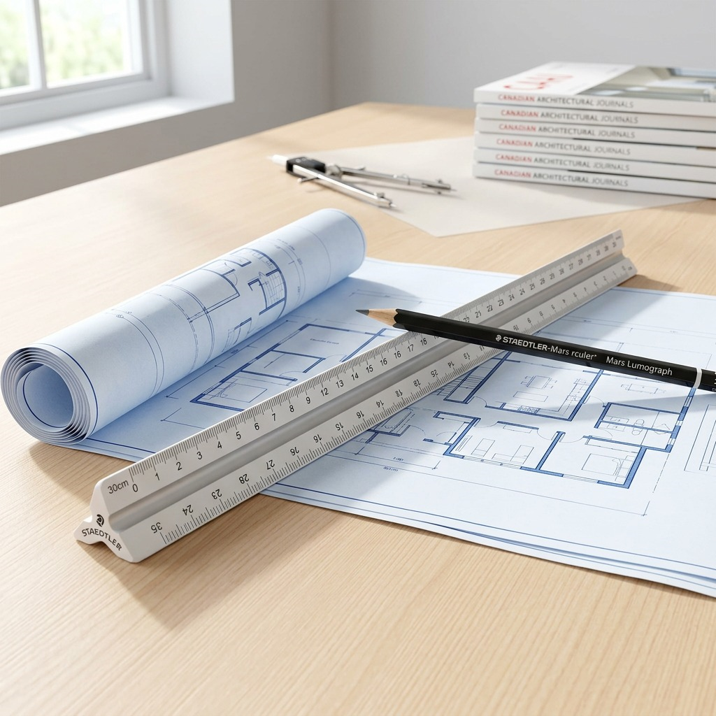 A shallow-angle perspective photograph of the 30cm triangular architect scale, without packaging, resting on a clean architect's drafting table next to blueprints. Natural daylight streams in from the side, highlighting the precise scale markings and fine texture. A professional drafting pen rests nearby.
