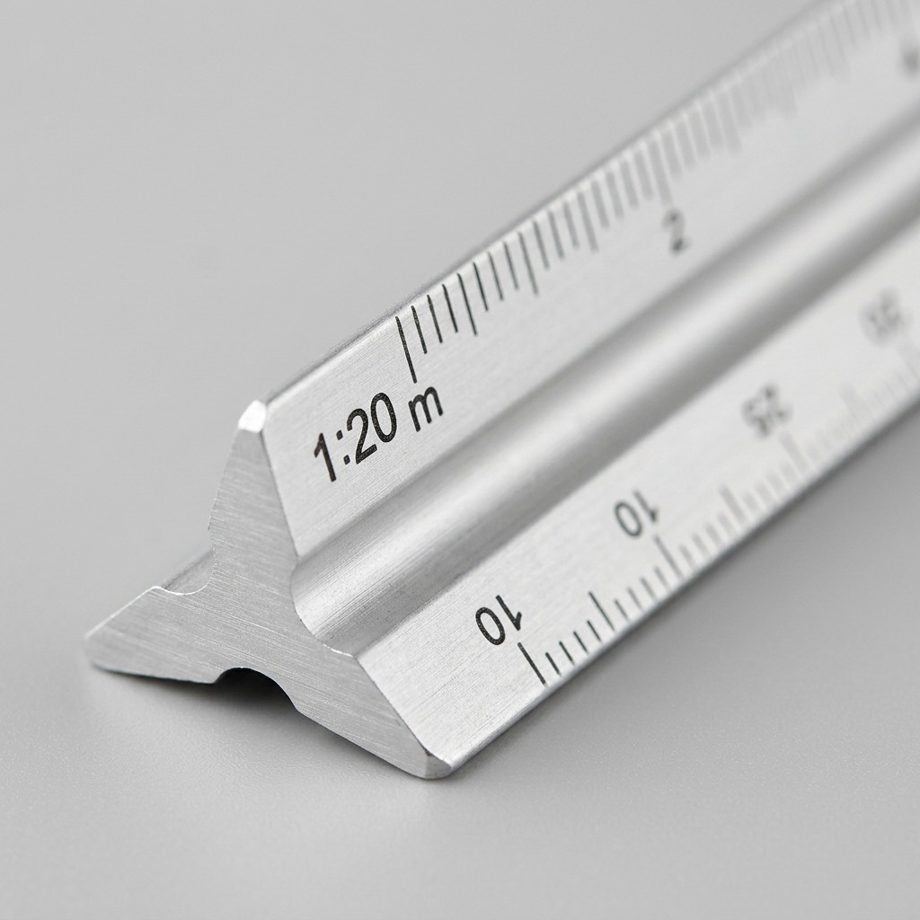 A macro photograph focusing on the precise metric scale markings of the Staedtler scale ruler.